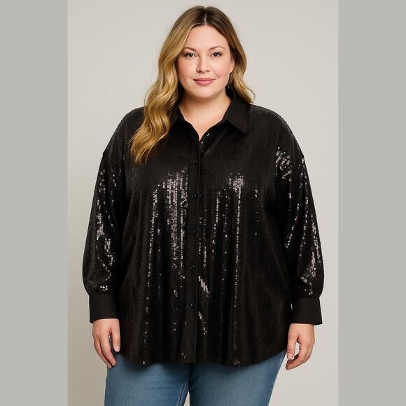 Future Collective Black Sequin Kahlana Barfield Brown Button Down Shirt 2X NWT - Picture 1 of 13